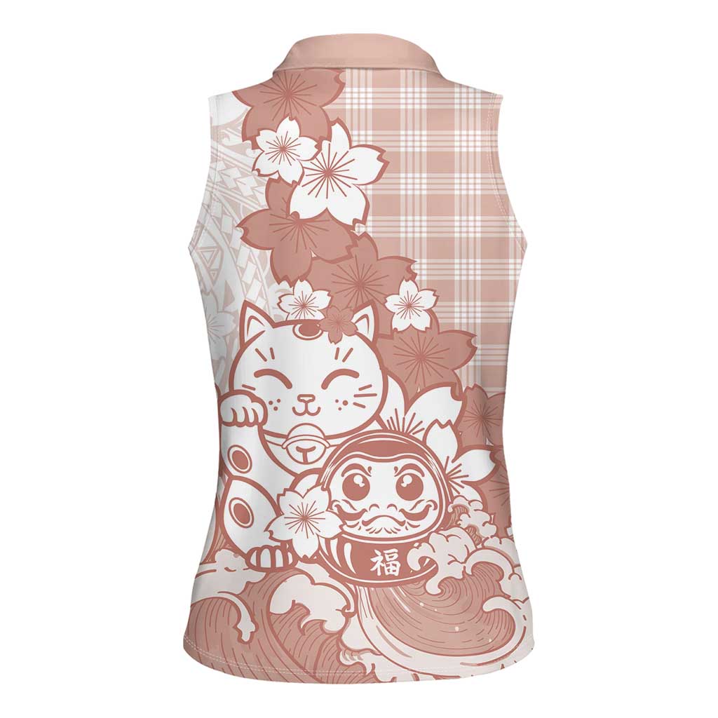 Beige Palaka Hawaiian And Japanese Women Sleeveless Polo Shirt Maneki Neko And Sakura Bloom DT05 - Polynesian Pride