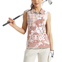 Beige Palaka Hawaiian And Japanese Women Sleeveless Polo Shirt Maneki Neko And Sakura Bloom DT05 - Polynesian Pride