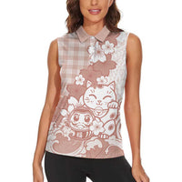 Beige Palaka Hawaiian And Japanese Women Sleeveless Polo Shirt Maneki Neko And Sakura Bloom DT05 - Polynesian Pride