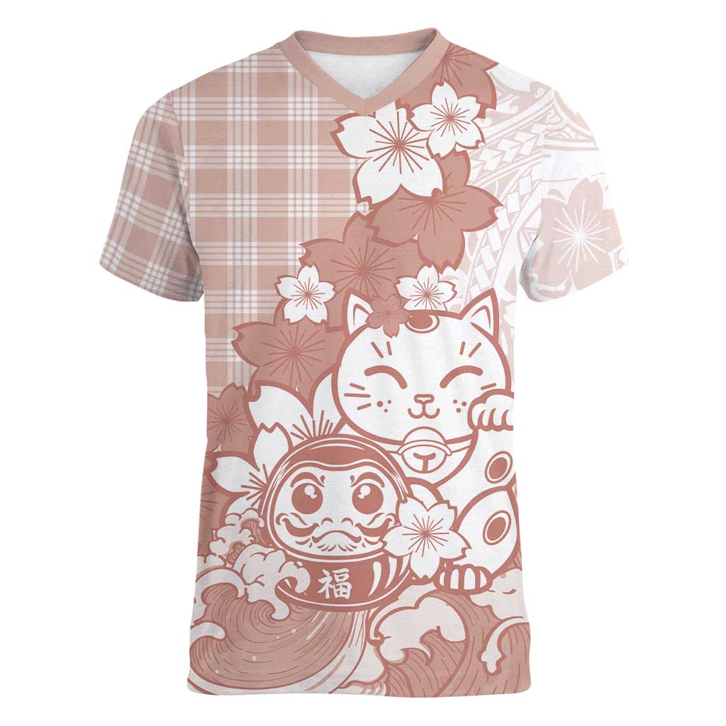 Beige Palaka Hawaiian And Japanese Women V-Neck T-Shirt Maneki Neko And Sakura Bloom DT05 Female Beige - Polynesian Pride