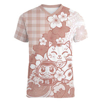 Beige Palaka Hawaiian And Japanese Women V-Neck T-Shirt Maneki Neko And Sakura Bloom DT05 Female Beige - Polynesian Pride