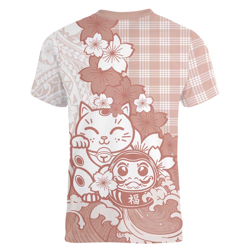 Beige Palaka Hawaiian And Japanese Women V-Neck T-Shirt Maneki Neko And Sakura Bloom DT05 - Polynesian Pride