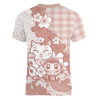 Beige Palaka Hawaiian And Japanese Women V-Neck T-Shirt Maneki Neko And Sakura Bloom DT05 - Polynesian Pride