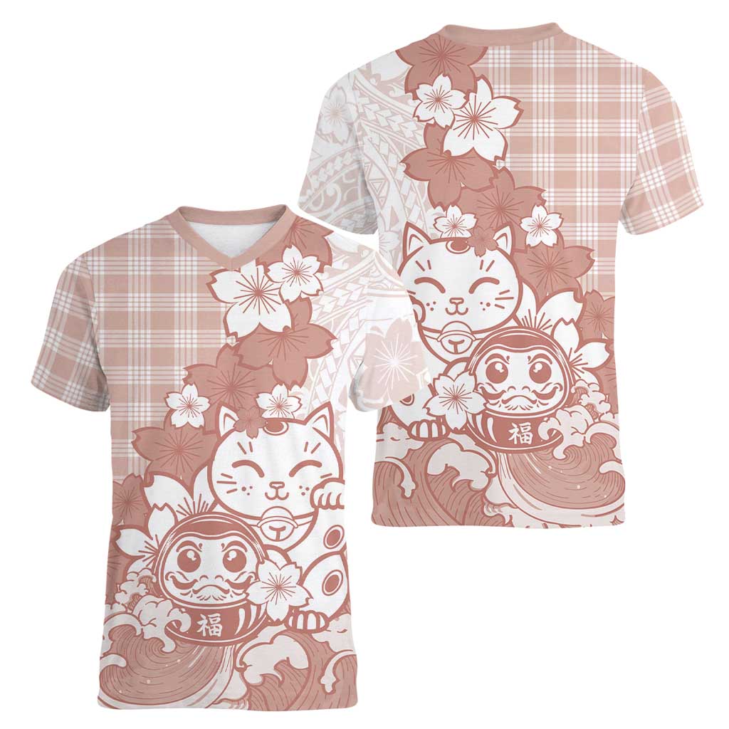 Beige Palaka Hawaiian And Japanese Women V-Neck T-Shirt Maneki Neko And Sakura Bloom DT05 - Polynesian Pride