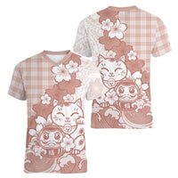 Beige Palaka Hawaiian And Japanese Women V-Neck T-Shirt Maneki Neko And Sakura Bloom DT05 - Polynesian Pride