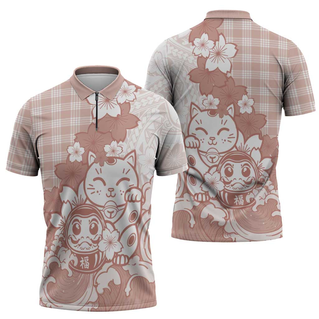 Beige Palaka Hawaiian And Japanese Zipper Polo Shirt Maneki Neko And Sakura Bloom