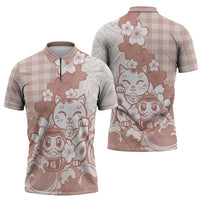 Beige Palaka Hawaiian And Japanese Zipper Polo Shirt Maneki Neko And Sakura Bloom