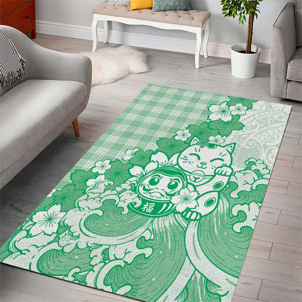 Green Palaka Hawaiian And Japanese Area Rug Maneki Neko And Sakura Bloom