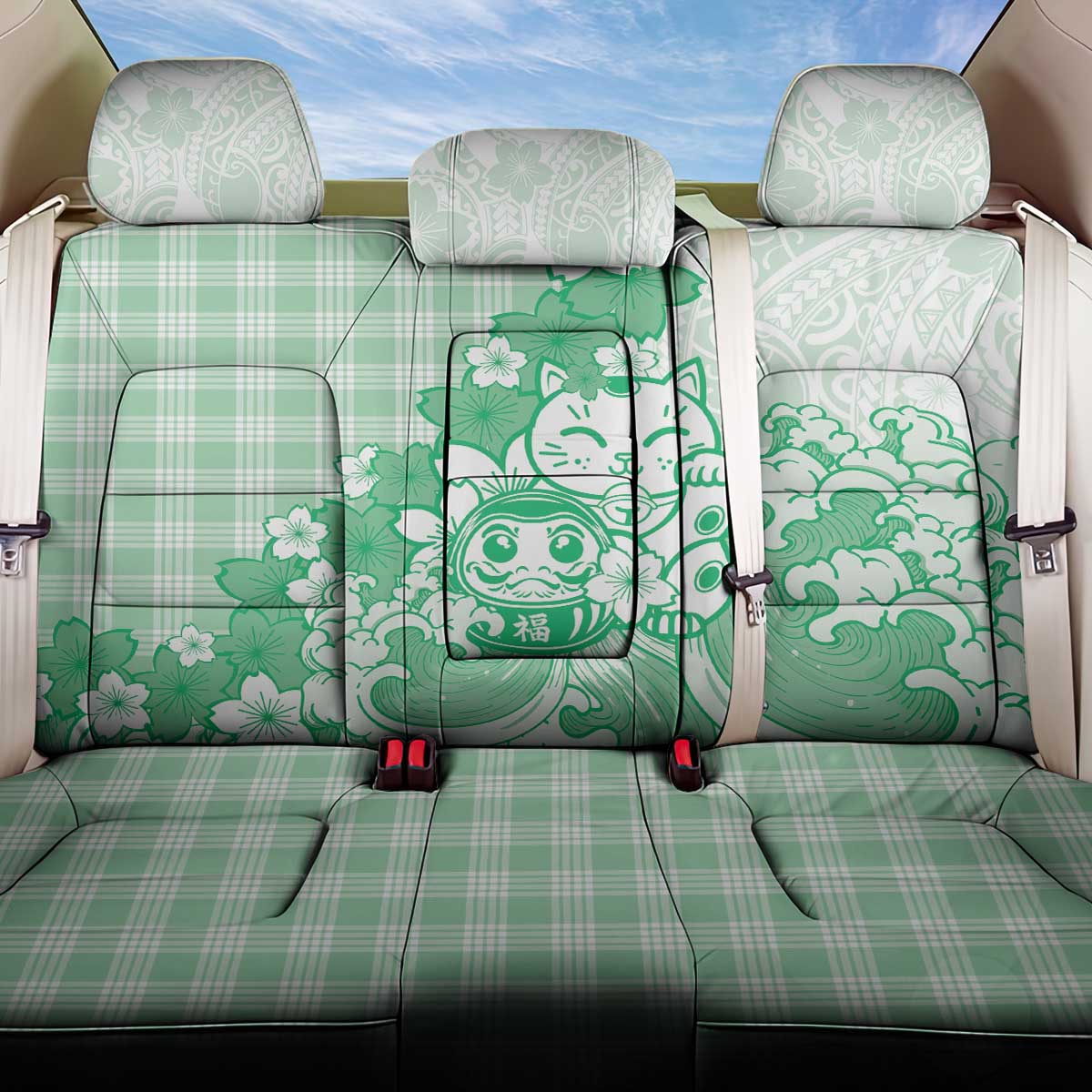Green Palaka Hawaiian And Japanese Back Car Seat Cover Maneki Neko And Sakura Bloom DT05 One Size Green - Polynesian Pride