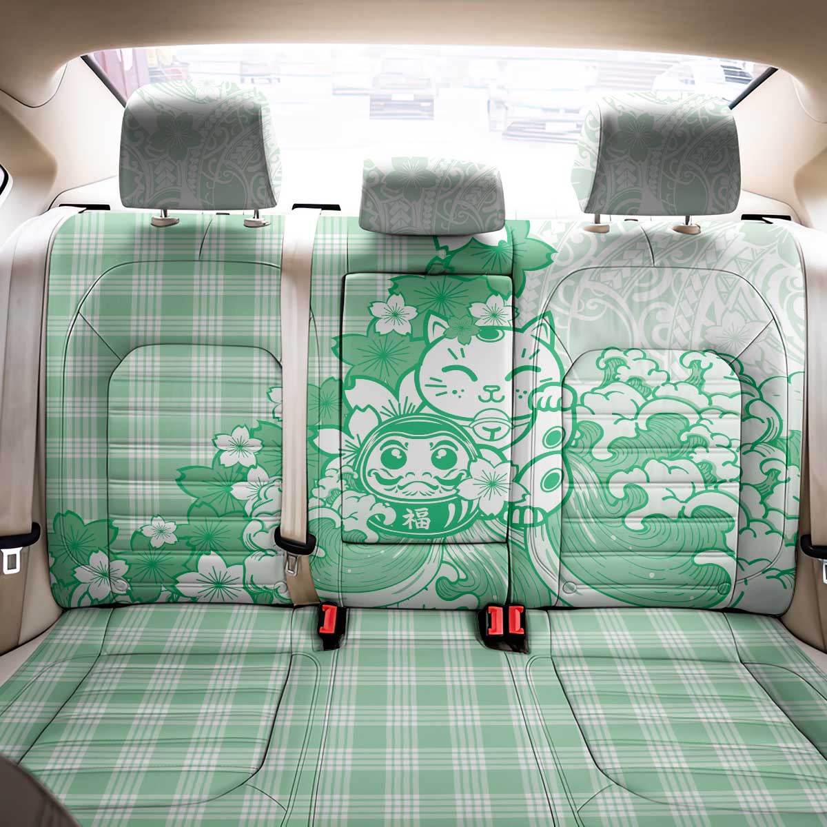 Green Palaka Hawaiian And Japanese Back Car Seat Cover Maneki Neko And Sakura Bloom DT05 - Polynesian Pride