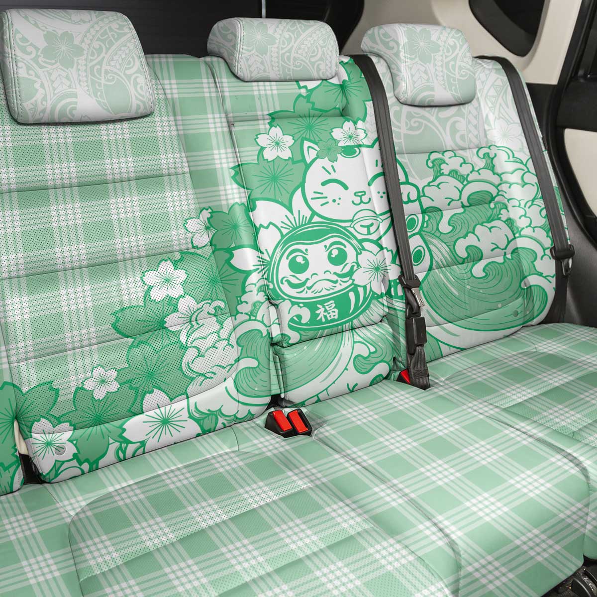 Green Palaka Hawaiian And Japanese Back Car Seat Cover Maneki Neko And Sakura Bloom DT05 - Polynesian Pride