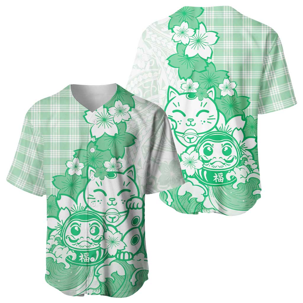 Green Palaka Hawaiian And Japanese Baseball Jersey Maneki Neko And Sakura Bloom