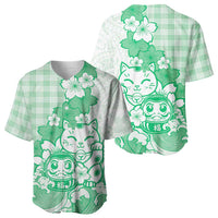 Green Palaka Hawaiian And Japanese Baseball Jersey Maneki Neko And Sakura Bloom