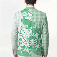 Green Palaka Hawaiian And Japanese Blazer Maneki Neko And Sakura Bloom