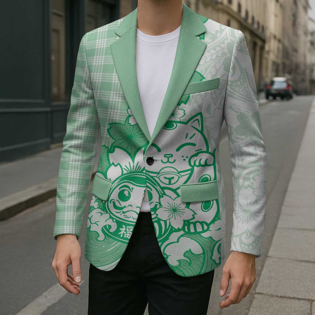 Green Palaka Hawaiian And Japanese Blazer Maneki Neko And Sakura Bloom