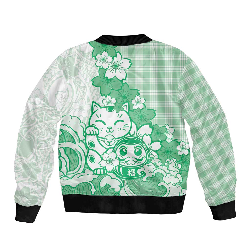 Green Palaka Hawaiian And Japanese Bomber Jacket Maneki Neko And Sakura Bloom