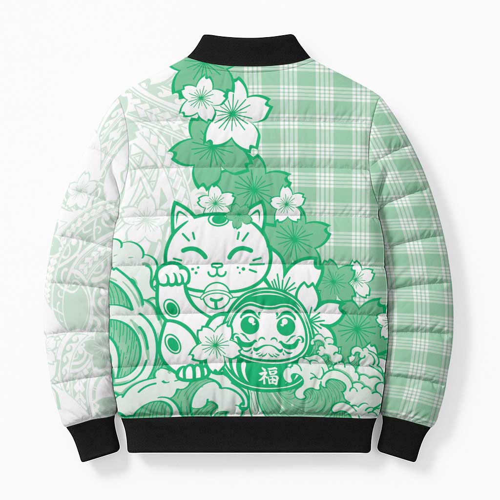 Green Palaka Hawaiian And Japanese Bomber Puffer Jacket Maneki Neko And Sakura Bloom