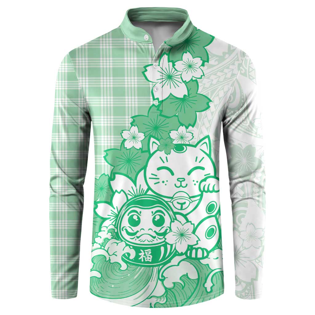Green Palaka Hawaiian And Japanese Button Sweatshirt Maneki Neko And Sakura Bloom