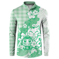 Green Palaka Hawaiian And Japanese Button Sweatshirt Maneki Neko And Sakura Bloom