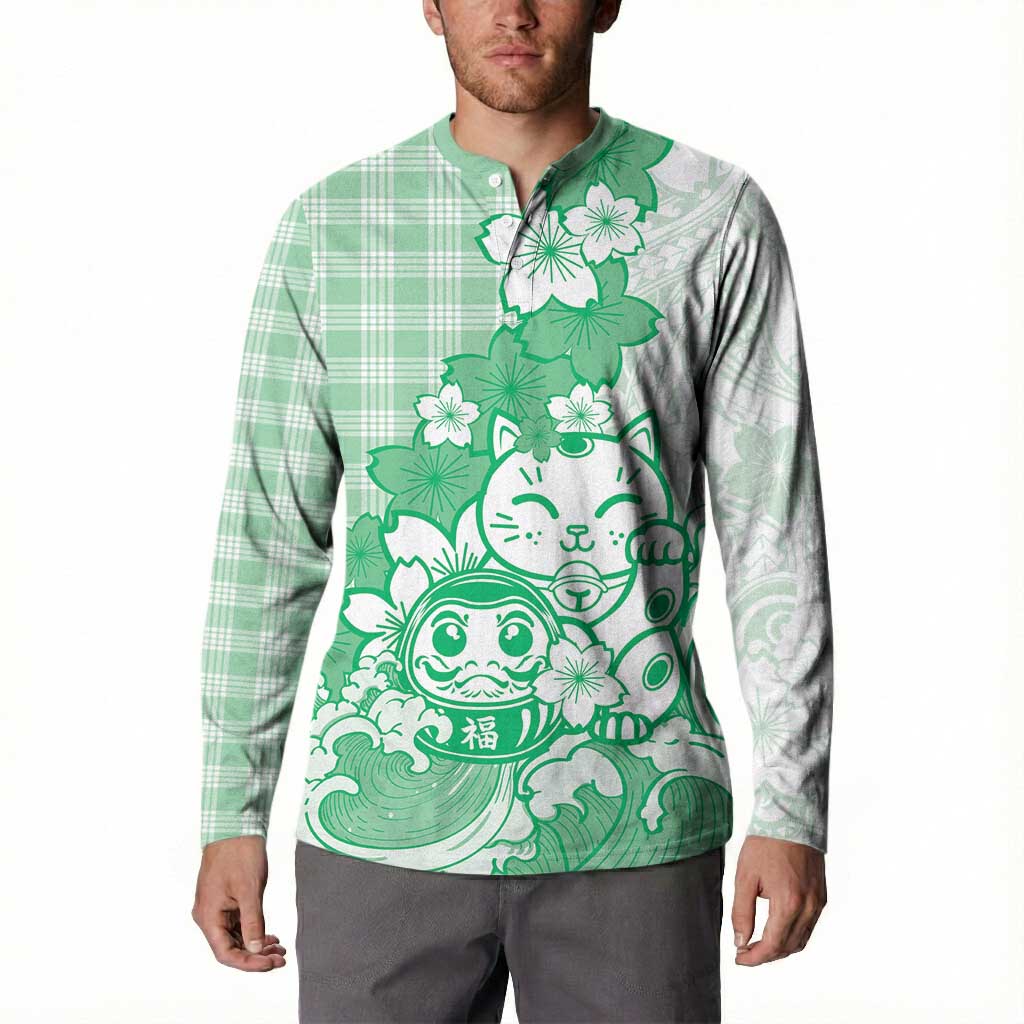 Green Palaka Hawaiian And Japanese Button Sweatshirt Maneki Neko And Sakura Bloom