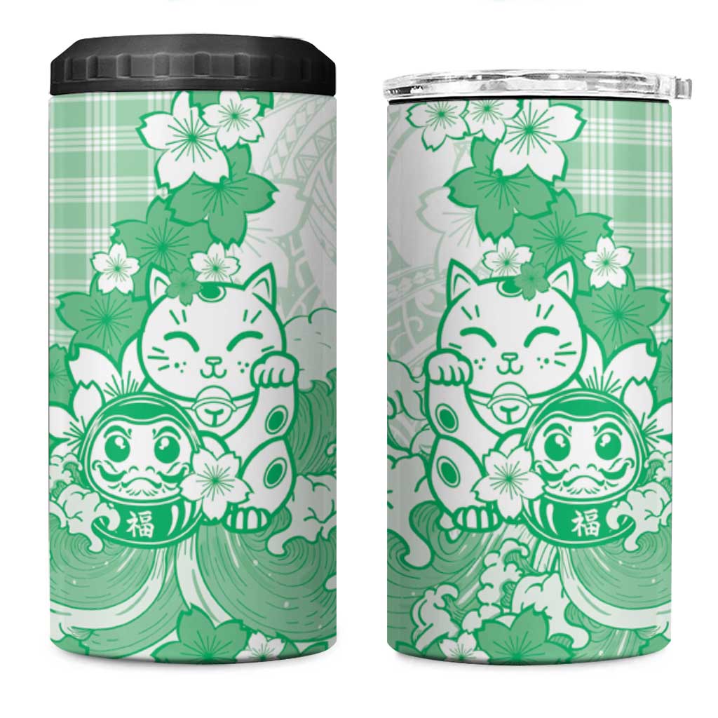 Green Palaka Hawaiian And Japanese 4 in 1 Can Cooler Tumbler Maneki Neko And Sakura Bloom