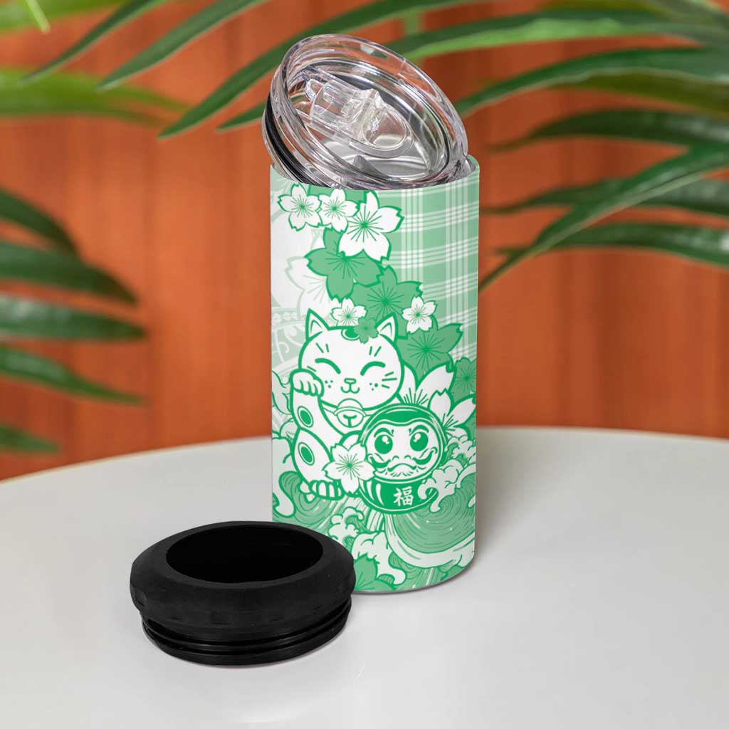 Green Palaka Hawaiian And Japanese 4 in 1 Can Cooler Tumbler Maneki Neko And Sakura Bloom DT05 - Polynesian Pride