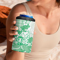 Green Palaka Hawaiian And Japanese 4 in 1 Can Cooler Tumbler Maneki Neko And Sakura Bloom DT05 - Polynesian Pride