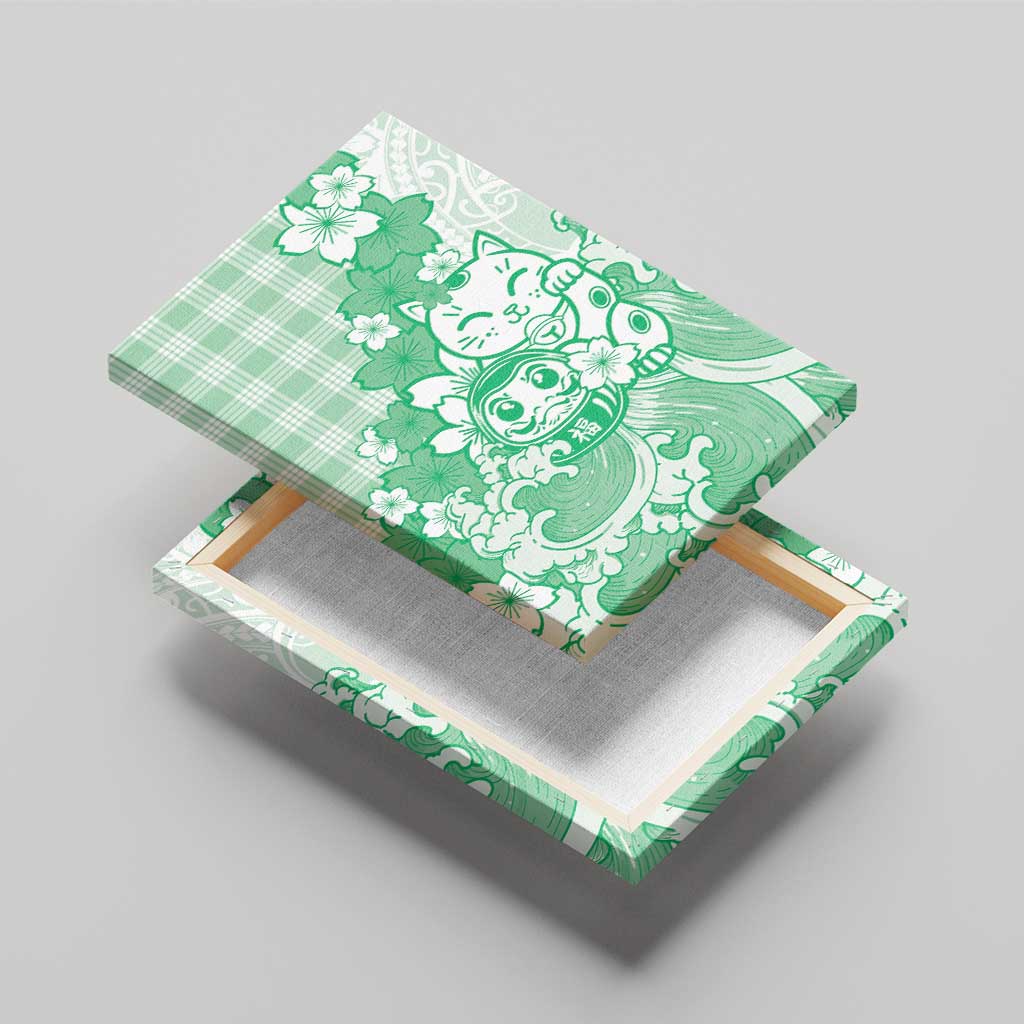 Green Palaka Hawaiian And Japanese Canvas Wall Art Maneki Neko And Sakura Bloom