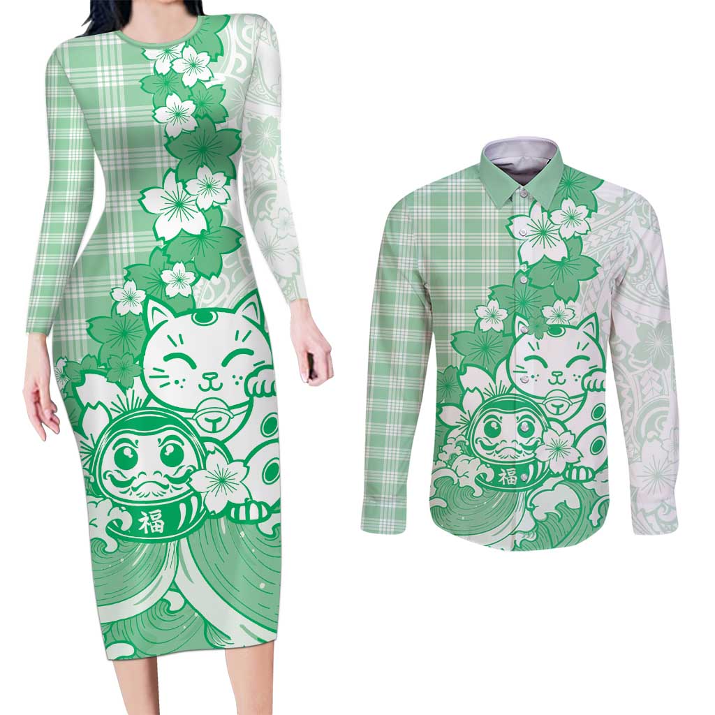 Green Palaka Hawaiian And Japanese Couples Matching Long Sleeve Bodycon Dress and Long Sleeve Button Shirt Maneki Neko And Sakura Bloom DT05 Green - Polynesian Pride