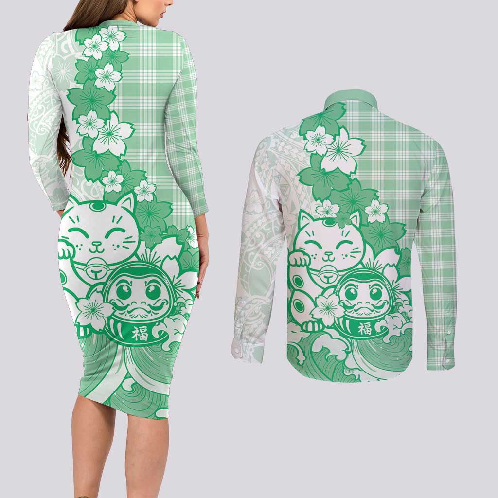 Green Palaka Hawaiian And Japanese Couples Matching Long Sleeve Bodycon Dress and Long Sleeve Button Shirt Maneki Neko And Sakura Bloom DT05 - Polynesian Pride