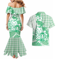 Green Palaka Hawaiian And Japanese Couples Matching Mermaid Dress and Hawaiian Shirt Maneki Neko And Sakura Bloom DT05 - Polynesian Pride