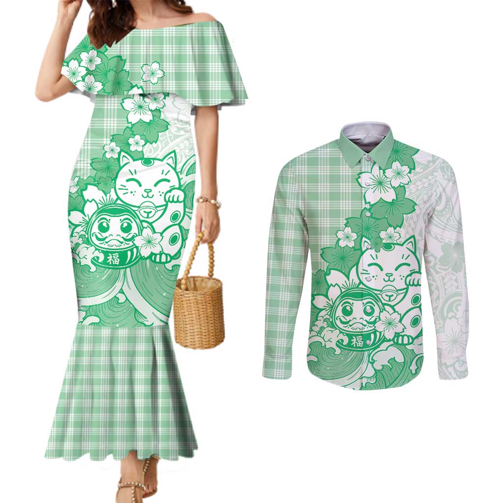 Green Palaka Hawaiian And Japanese Couples Matching Mermaid Dress and Long Sleeve Button Shirt Maneki Neko And Sakura Bloom DT05 Green - Polynesian Pride