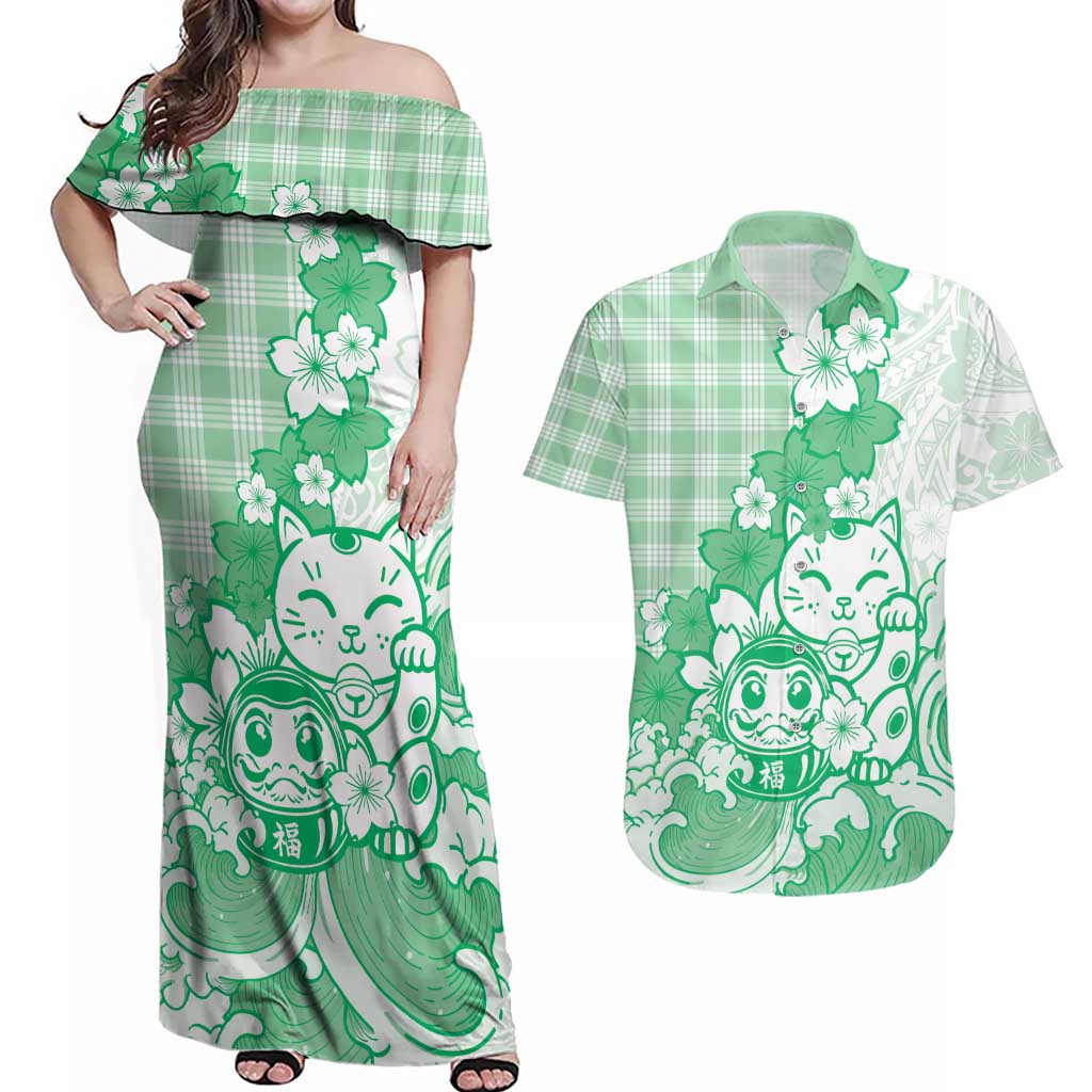 Green Palaka Hawaiian And Japanese Couples Matching Off Shoulder Maxi Dress and Hawaiian Shirt Maneki Neko And Sakura Bloom DT05 Green - Polynesian Pride