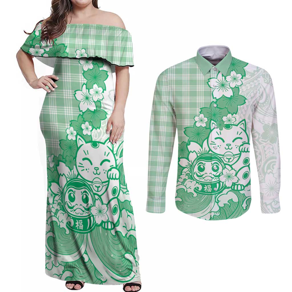 Green Palaka Hawaiian And Japanese Couples Matching Off Shoulder Maxi Dress and Long Sleeve Button Shirt Maneki Neko And Sakura Bloom DT05 Green - Polynesian Pride
