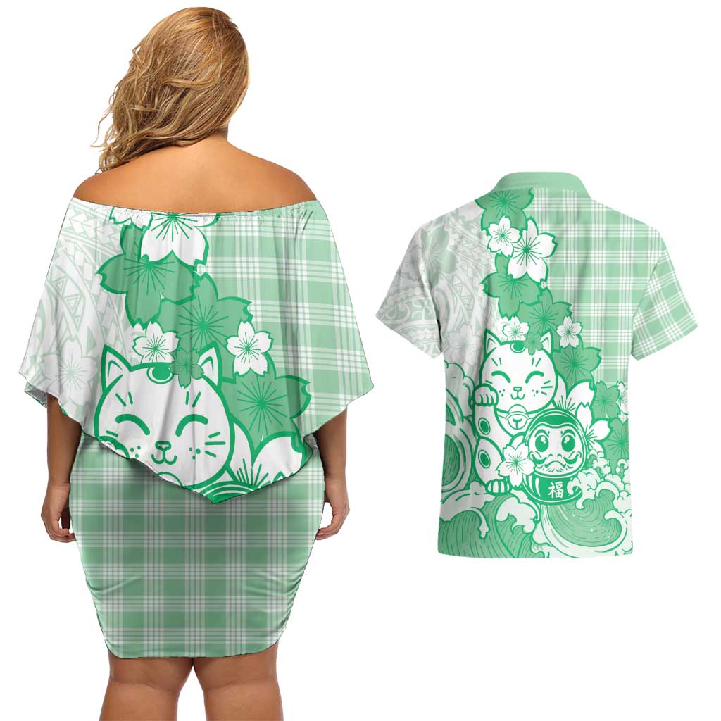 Green Palaka Hawaiian And Japanese Couples Matching Off Shoulder Short Dress and Hawaiian Shirt Maneki Neko And Sakura Bloom DT05 - Polynesian Pride
