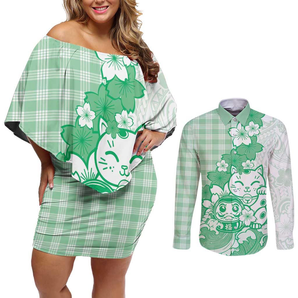 Green Palaka Hawaiian And Japanese Couples Matching Off Shoulder Short Dress and Long Sleeve Button Shirt Maneki Neko And Sakura Bloom DT05 Green - Polynesian Pride