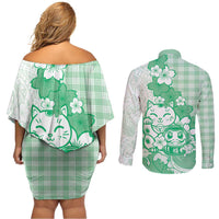 Green Palaka Hawaiian And Japanese Couples Matching Off Shoulder Short Dress and Long Sleeve Button Shirt Maneki Neko And Sakura Bloom DT05 - Polynesian Pride