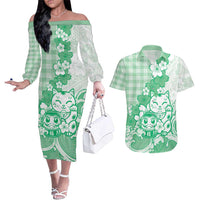 Green Palaka Hawaiian And Japanese Couples Matching Off The Shoulder Long Sleeve Dress and Hawaiian Shirt Maneki Neko And Sakura Bloom DT05 Green - Polynesian Pride