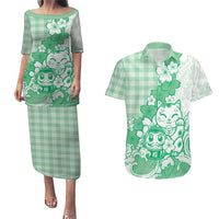 Green Palaka Hawaiian And Japanese Couples Matching Puletasi and Hawaiian Shirt Maneki Neko And Sakura Bloom DT05 Green - Polynesian Pride