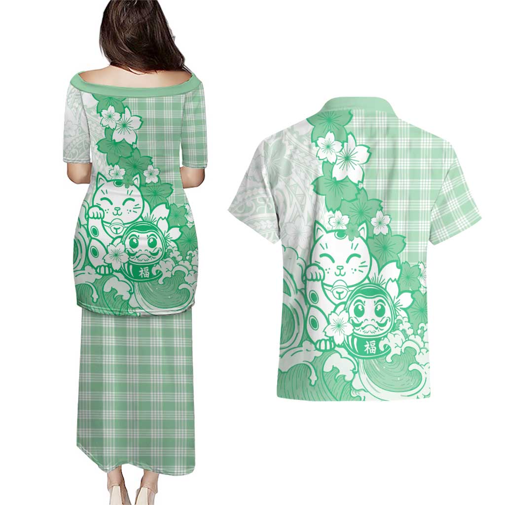 Green Palaka Hawaiian And Japanese Couples Matching Puletasi and Hawaiian Shirt Maneki Neko And Sakura Bloom DT05 - Polynesian Pride
