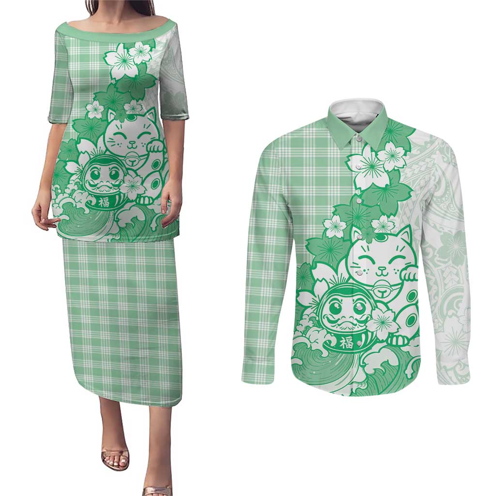 Green Palaka Hawaiian And Japanese Couples Matching Puletasi and Long Sleeve Button Shirt Maneki Neko And Sakura Bloom DT05 Green - Polynesian Pride