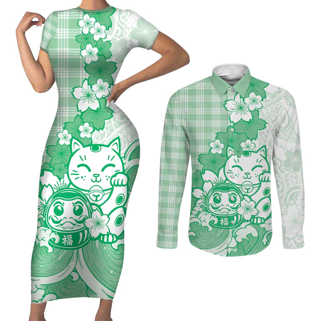 Green Palaka Hawaiian And Japanese Couples Matching Short Sleeve Bodycon Dress and Long Sleeve Button Shirt Maneki Neko And Sakura Bloom DT05 Green - Polynesian Pride