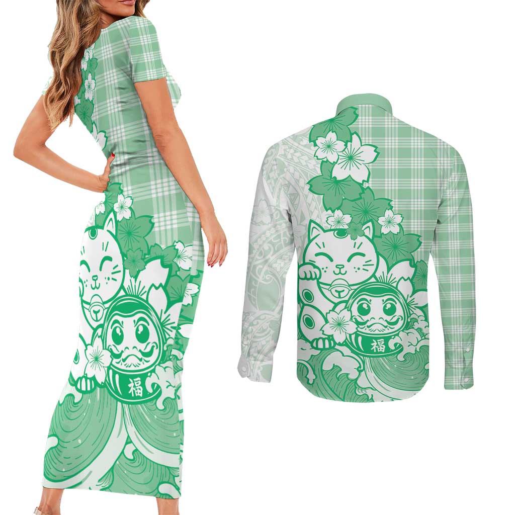 Green Palaka Hawaiian And Japanese Couples Matching Short Sleeve Bodycon Dress and Long Sleeve Button Shirt Maneki Neko And Sakura Bloom DT05 - Polynesian Pride