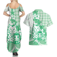 Green Palaka Hawaiian And Japanese Couples Matching Summer Maxi Dress and Hawaiian Shirt Maneki Neko And Sakura Bloom DT05 - Polynesian Pride