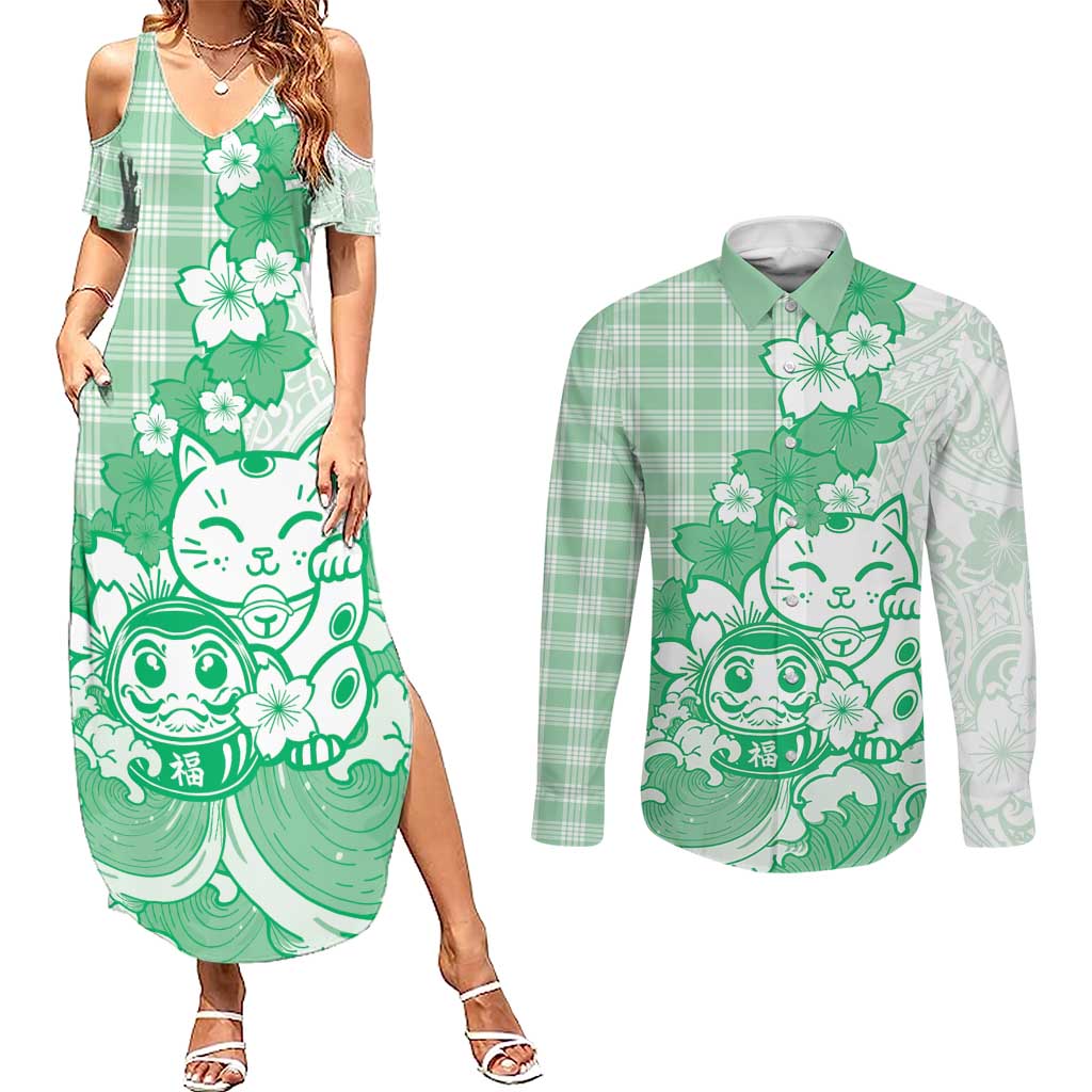 Green Palaka Hawaiian And Japanese Couples Matching Summer Maxi Dress and Long Sleeve Button Shirt Maneki Neko And Sakura Bloom DT05 Green - Polynesian Pride