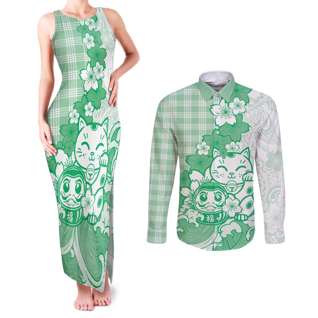 Green Palaka Hawaiian And Japanese Couples Matching Tank Maxi Dress and Long Sleeve Button Shirt Maneki Neko And Sakura Bloom DT05 Green - Polynesian Pride