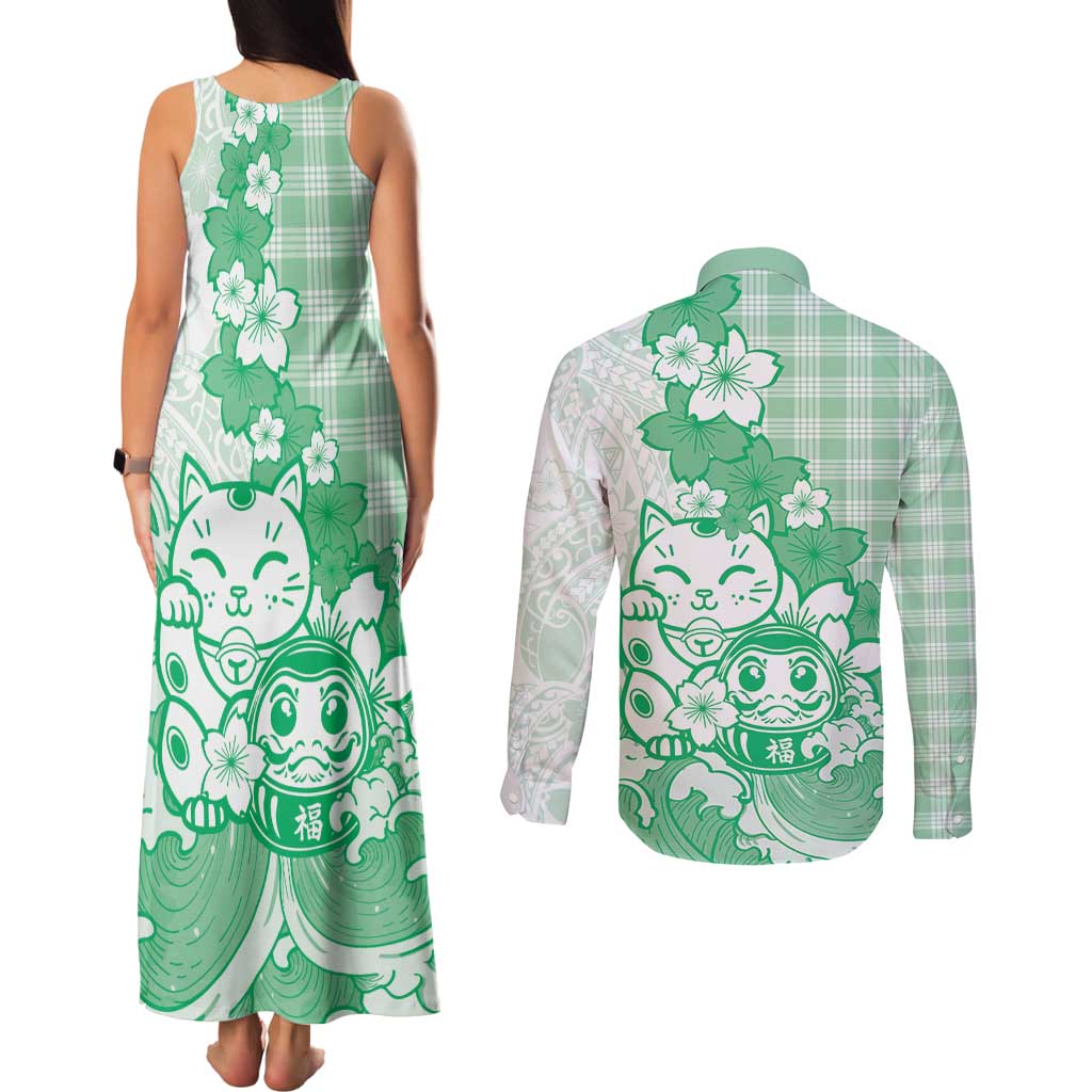 Green Palaka Hawaiian And Japanese Couples Matching Tank Maxi Dress and Long Sleeve Button Shirt Maneki Neko And Sakura Bloom DT05 - Polynesian Pride