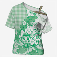 Green Palaka Hawaiian And Japanese Cross Shoulder Shirt Maneki Neko And Sakura Bloom