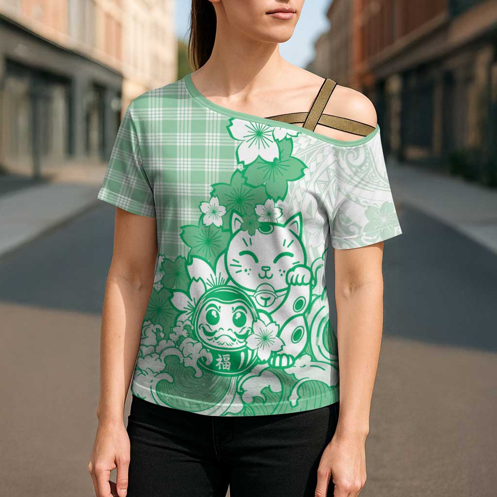 Green Palaka Hawaiian And Japanese Cross Shoulder Shirt Maneki Neko And Sakura Bloom