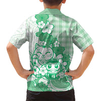 Green Palaka Hawaiian And Japanese Family Matching Off The Shoulder Long Sleeve Dress and Hawaiian Shirt Maneki Neko And Sakura Bloom DT05 - Polynesian Pride